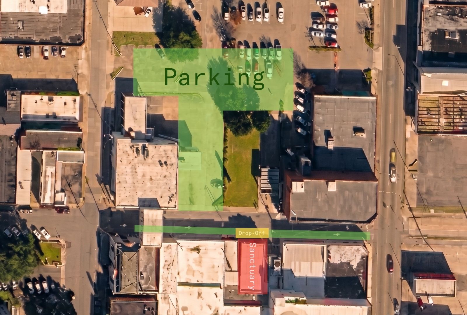 Ground-level view of the church parking area